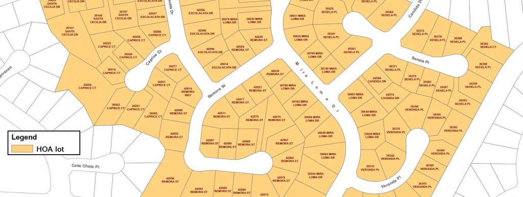 HOA map with lot lines , address and street name labels